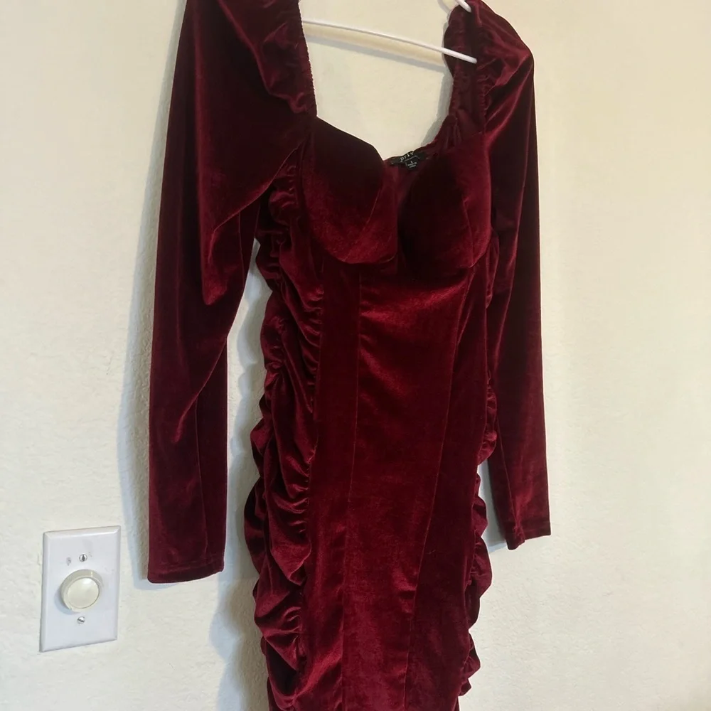 Privy Large Velvet Red Long Sleeve Rouched Vampy Goth Dark Romantic Mini Dress